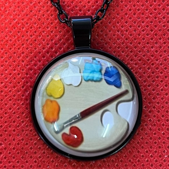 Artist's Paint Palette Black Tone Round Pendant Necklace - Picture 2 of 6